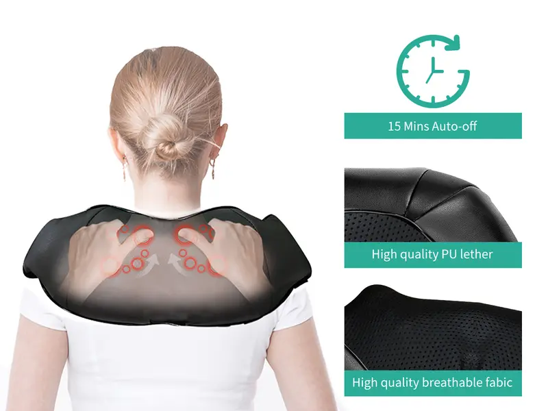 Massager worn around the shoulders, with details about the automatic shut-off and materials
